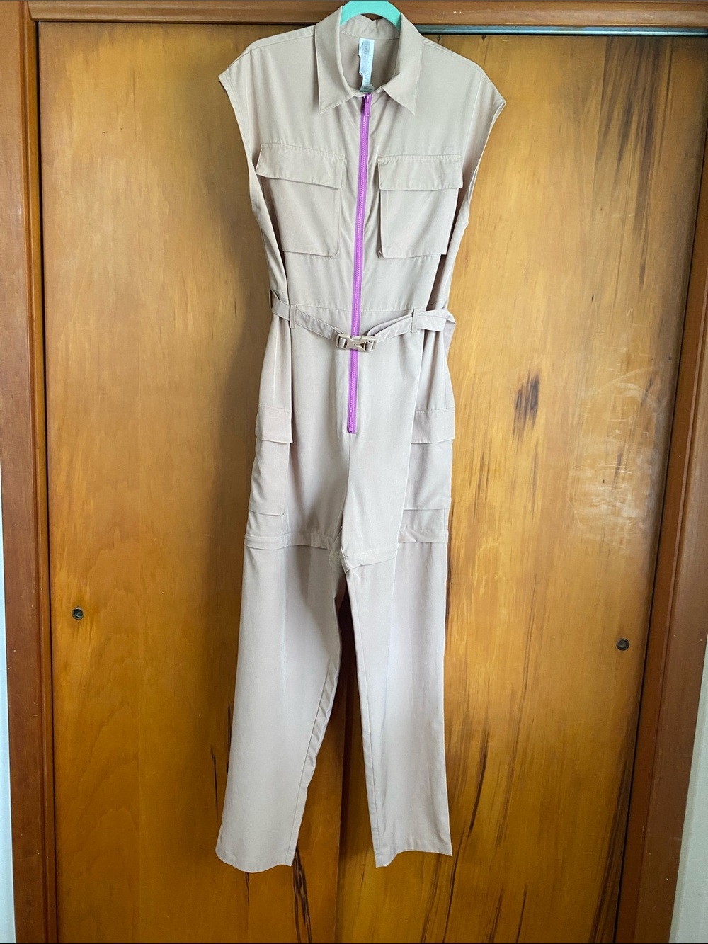 Fabletics 2 in 1 Neutral Tan Utility Jumpsuit Shorts Purple Zipper Belt Cargo